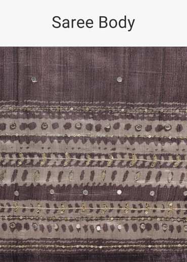 Purple Printed Tussar Silk Saree With Mirror Work And Unstitched Blouse