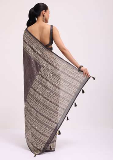 Purple Printed Tussar Silk Saree With Mirror Work And Unstitched Blouse
