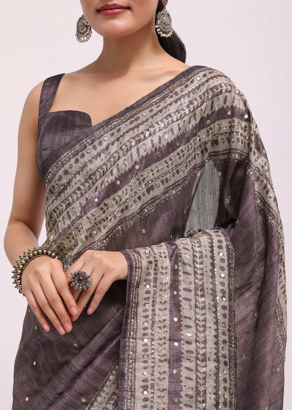 Purple Printed Tussar Silk Saree With Mirror Work And Unstitched Blouse
