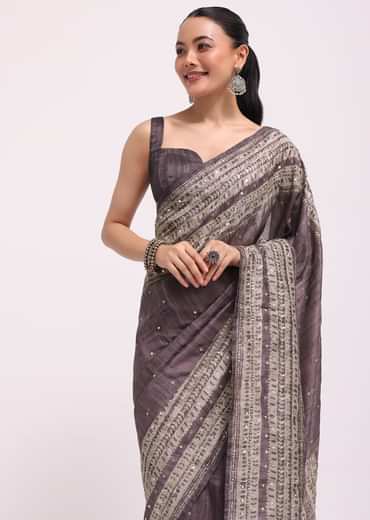 Purple Printed Tussar Silk Saree With Mirror Work And Unstitched Blouse