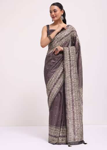 Purple Printed Tussar Silk Saree With Mirror Work And Unstitched Blouse