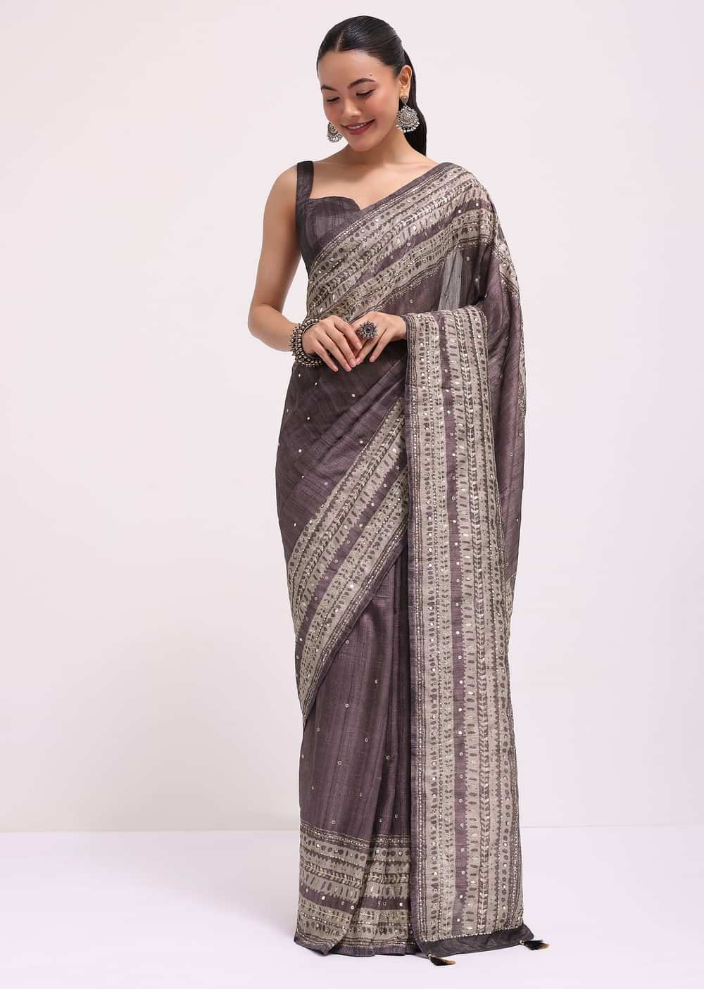 Purple Printed Tussar Silk Saree With Mirror Work And Unstitched Blouse