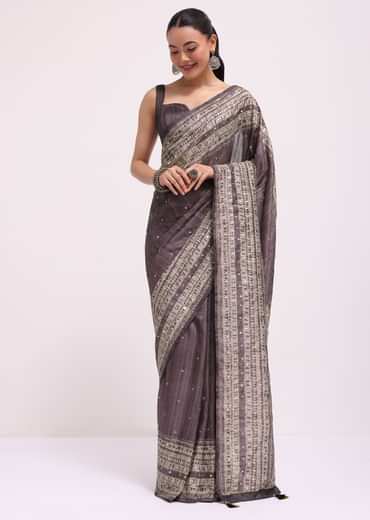 Purple Printed Tussar Silk Saree With Mirror Work And Unstitched Blouse