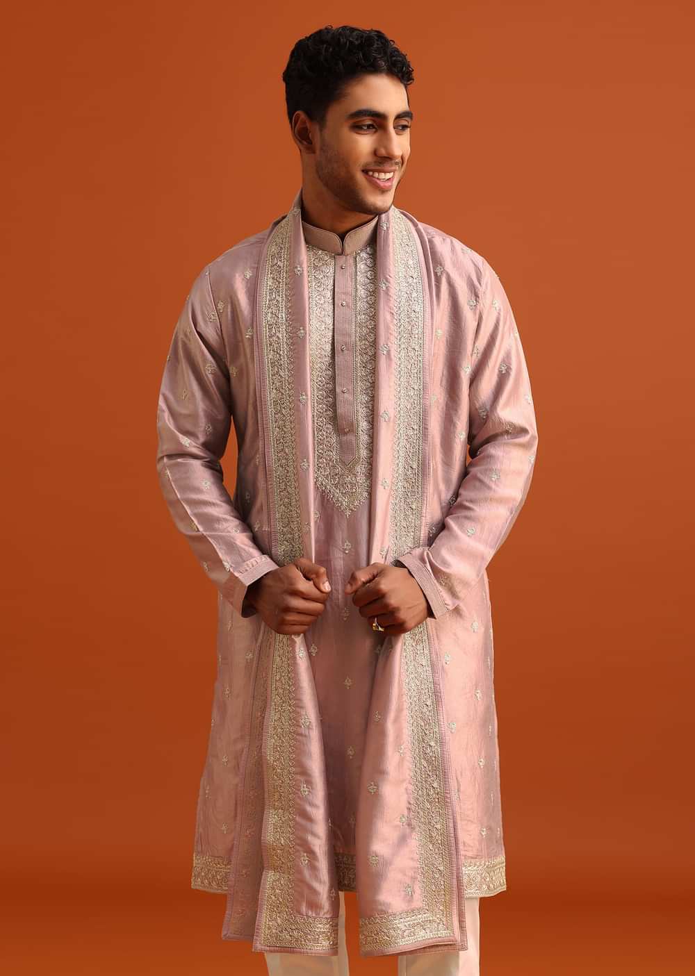Purple Raw Silk Kurta Set With Thread Work Dupatta