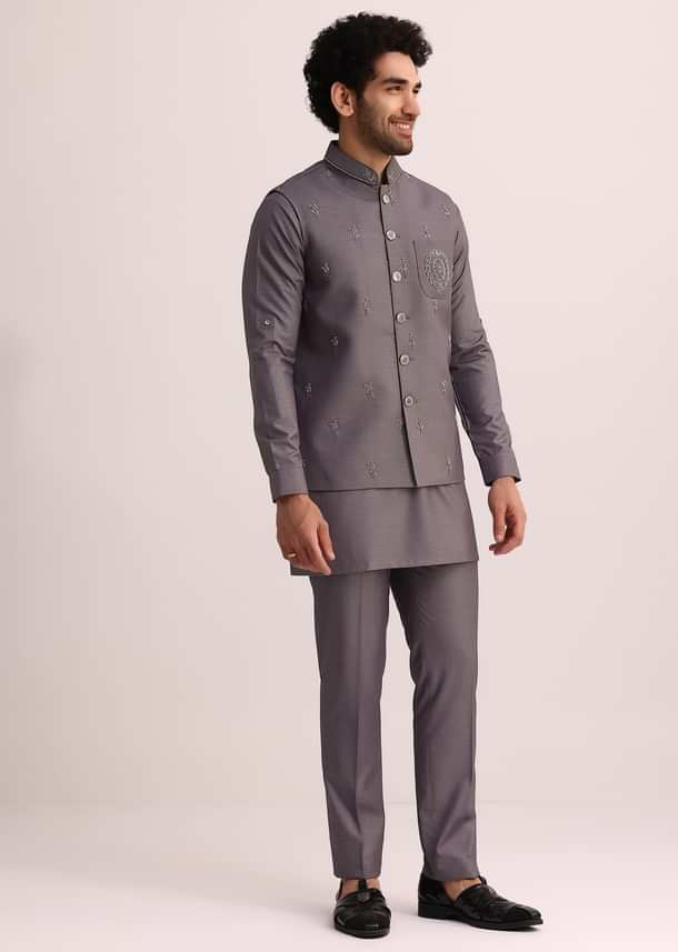 Purple Rayon Kurta Jacket With Mandarin Collar