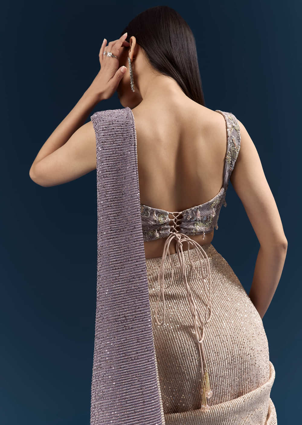 Purple Ready Pleated Saree With Sequins And Stone Work