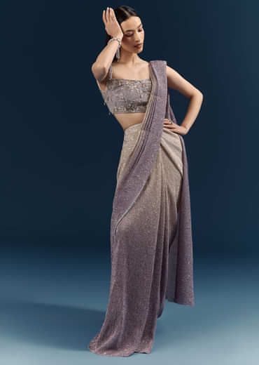 Purple Ready Pleated Saree With Sequins And Stone Work