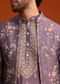 Purple Resham Work Kurta Jacket Set In Silk