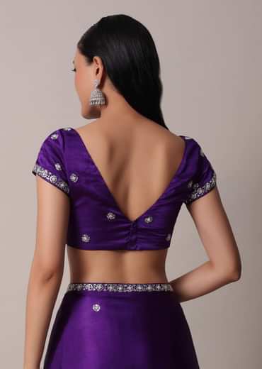 Purple Satin Chinon Saree With Stone Embellishments And Unstitched Blouse Piece
