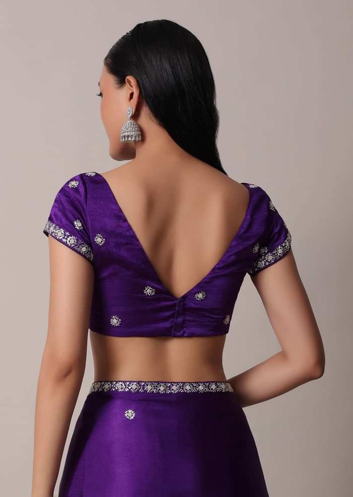 Purple Satin Chinon Saree With Stone Embellishments And Unstitched Blouse Piece