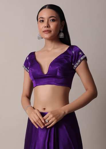Purple Satin Chinon Saree With Stone Embellishments And Unstitched Blouse Piece