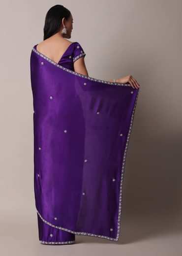 Purple Satin Chinon Saree With Stone Embellishments And Unstitched Blouse Piece