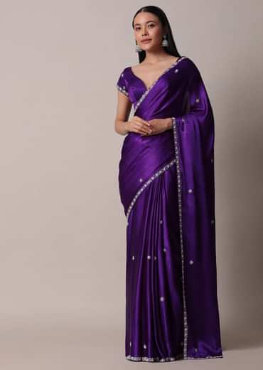 Purple Satin Chinon Saree With Stone Embellishments And Unstitched Blouse Piece