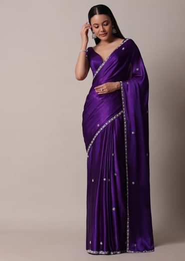 Purple Satin Chinon Saree With Stone Embellishments And Unstitched Blouse Piece