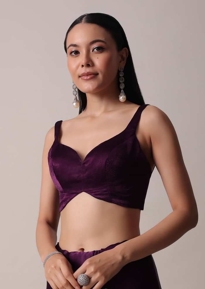 Purple Satin Chinon Saree With Stone Work And Unstitched Blouse Piece