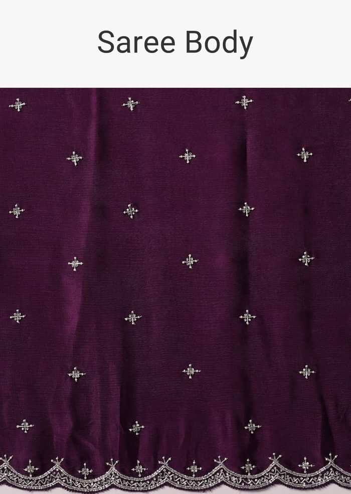 Purple Satin Chinon Saree With Stone Work And Unstitched Blouse Piece