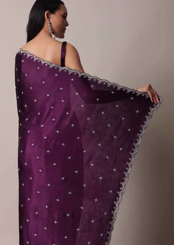 Purple Satin Chinon Saree With Stone Work And Unstitched Blouse Piece Purple Satin Chinon Saree With Stone Work And Unstitched Blouse Piece
