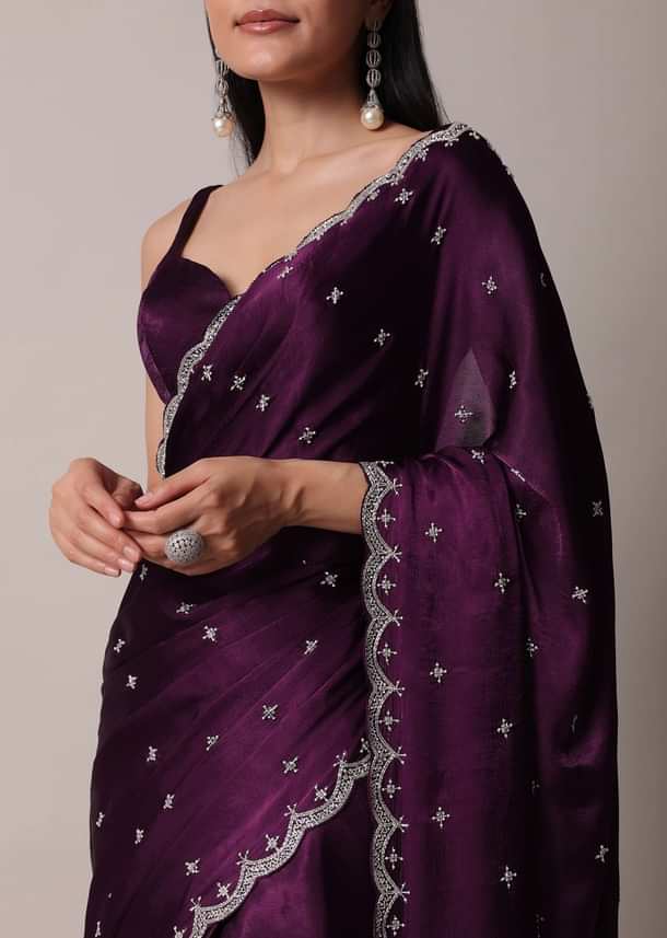 Purple Satin Chinon Saree With Stone Work And Unstitched Blouse Piece Purple Satin Chinon Saree With Stone Work And Unstitched Blouse Piece