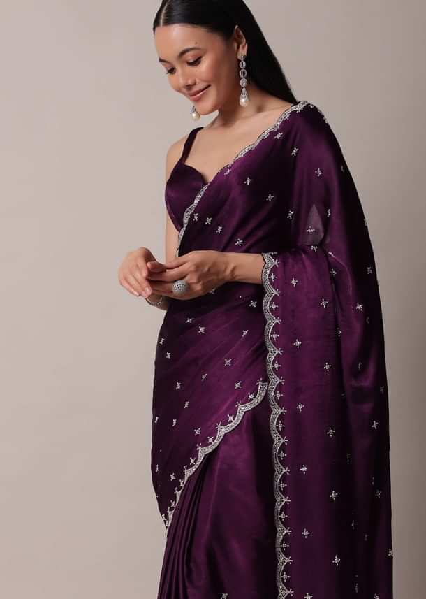 Purple Satin Chinon Saree With Stone Work And Unstitched Blouse Piece Purple Satin Chinon Saree With Stone Work And Unstitched Blouse Piece