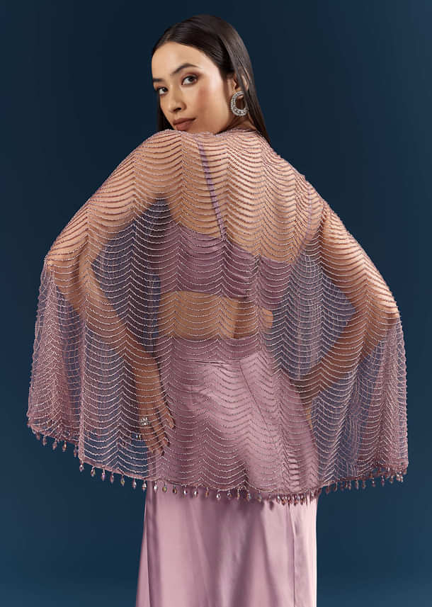 Purple Satin Crop Top And Drape Skirt With Embellishments