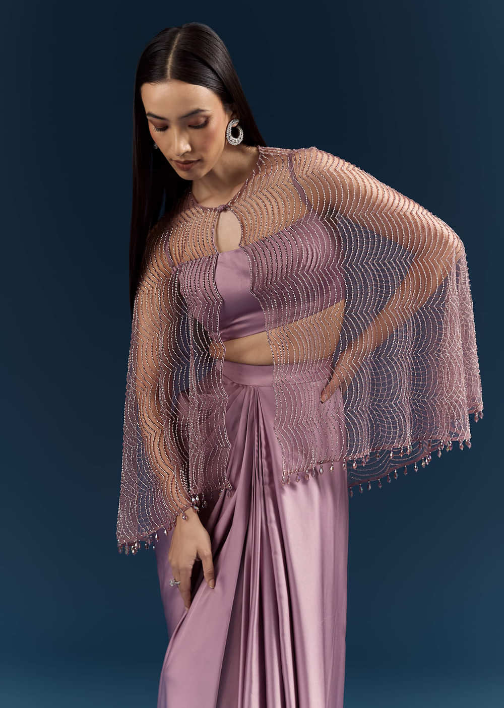 Purple Satin Crop Top And Drape Skirt With Embellishments