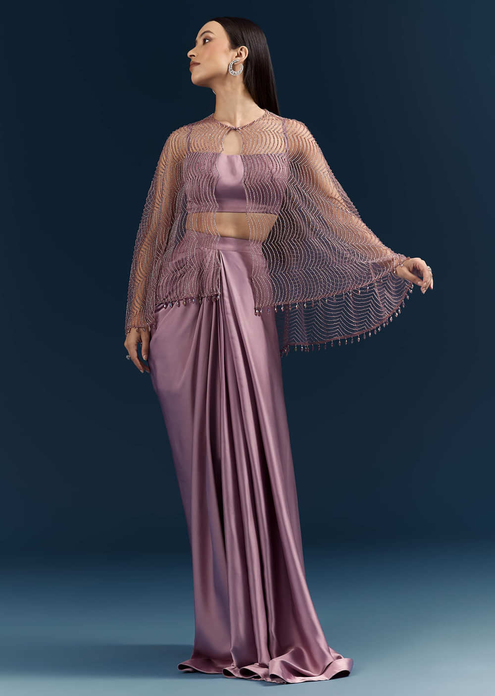 Purple Satin Crop Top And Drape Skirt With Embellishments