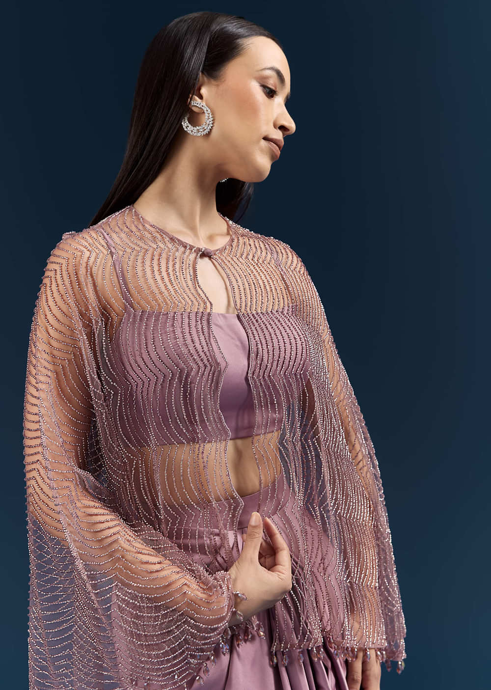 Purple Satin Crop Top And Drape Skirt With Embellishments