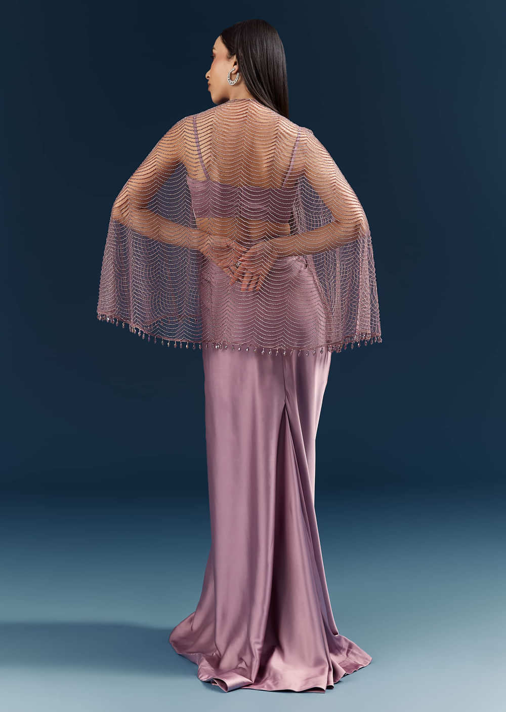 Purple Satin Crop Top And Drape Skirt With Embellishments