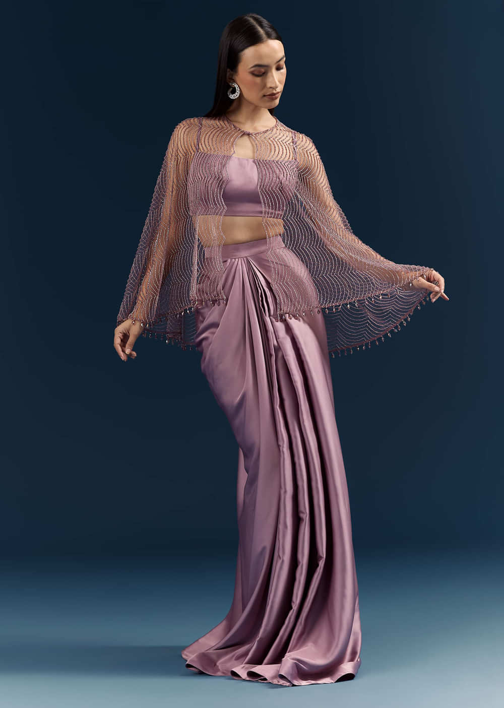 Purple Satin Crop Top And Drape Skirt With Embellishments