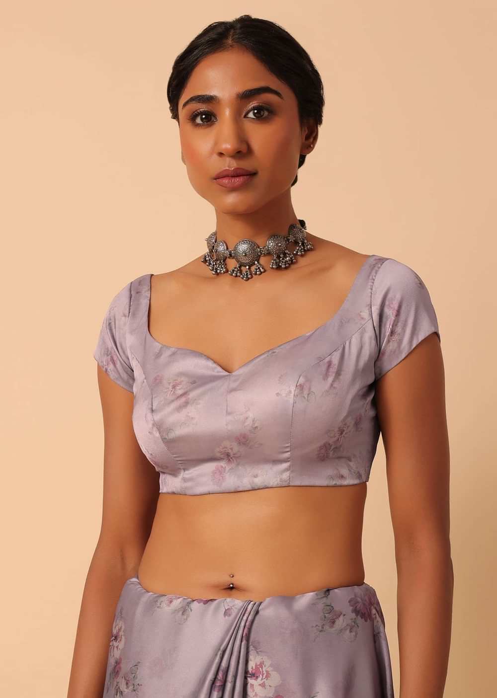 Purple Satin Floral Print Saree With Swarovski Work And Unstitched Blouse Piece