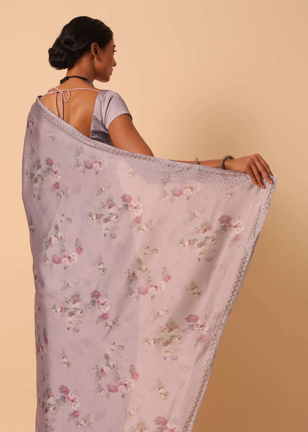 Purple Satin Floral Print Saree With Swarovski Work And Unstitched Blouse Piece