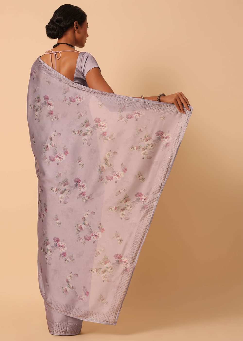 Purple Satin Floral Print Saree With Swarovski Work And Unstitched Blouse Piece