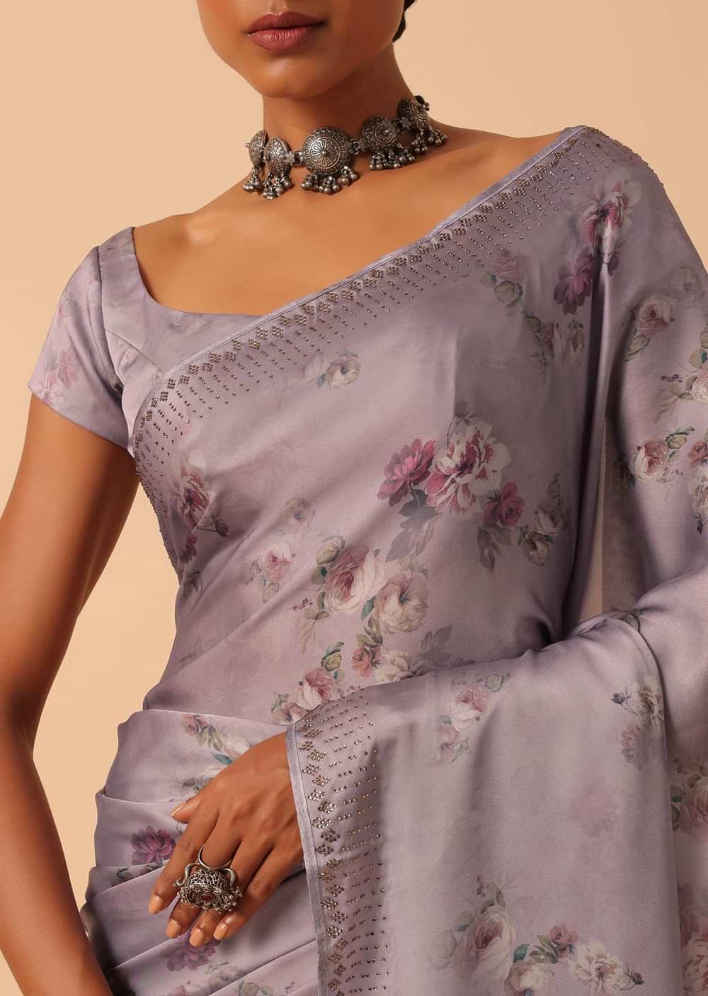 Purple Satin Floral Print Saree With Swarovski Work And Unstitched Blouse Piece