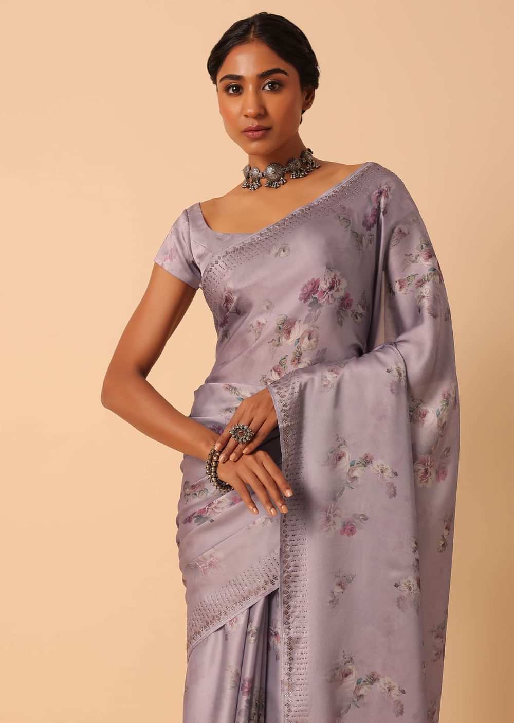 Purple Satin Floral Print Saree With Swarovski Work And Unstitched Blouse Piece