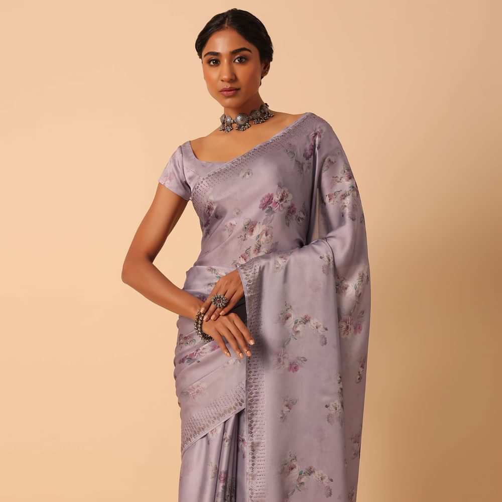 Purple Satin Floral Print Saree With Swarovski Work And Unstitched Blouse Piece