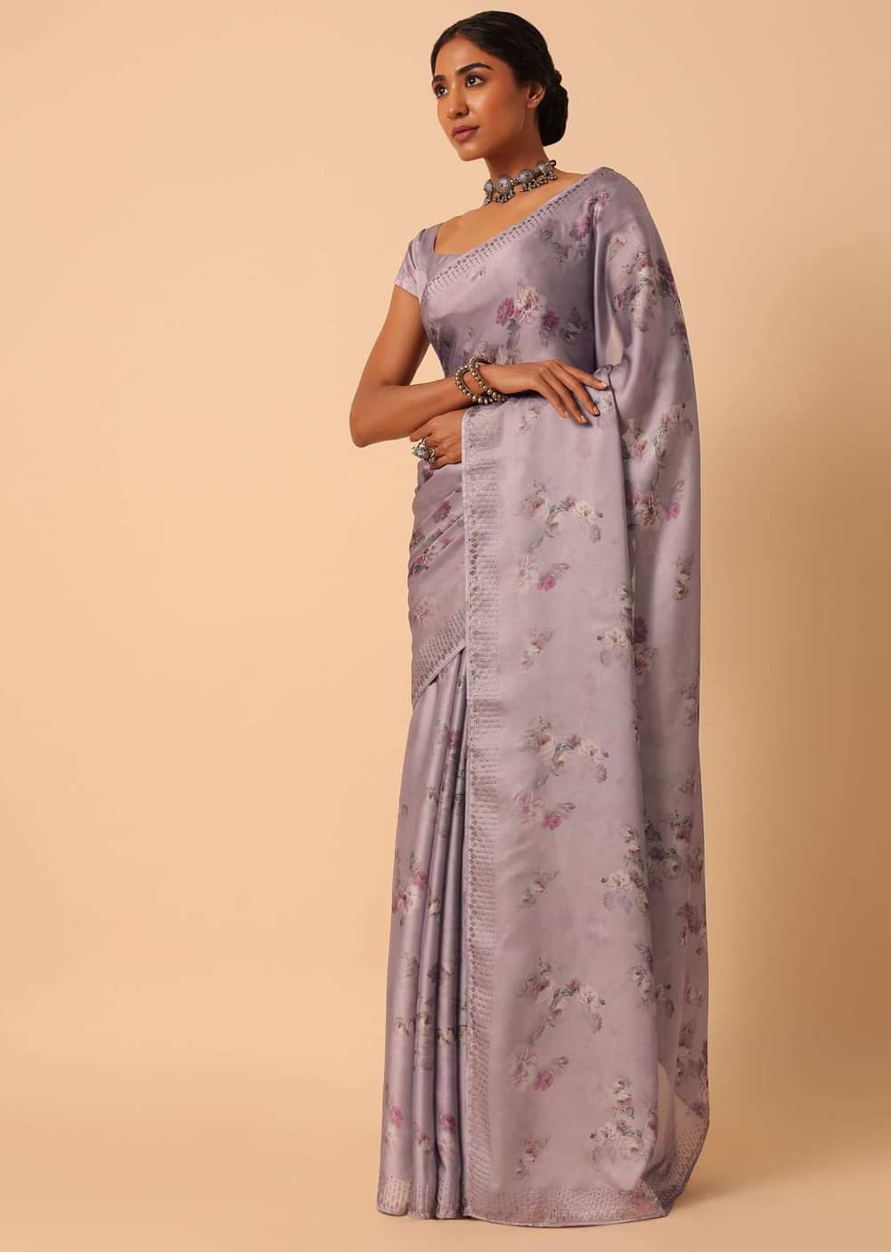 Purple Satin Floral Print Saree With Swarovski Work And Unstitched Blouse Piece