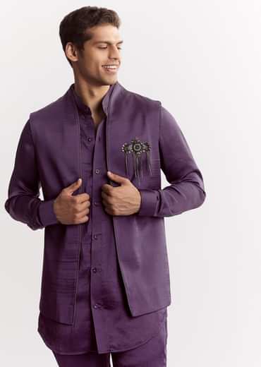 Purple Satin Jacket Kurta Set With Metal Embellishment