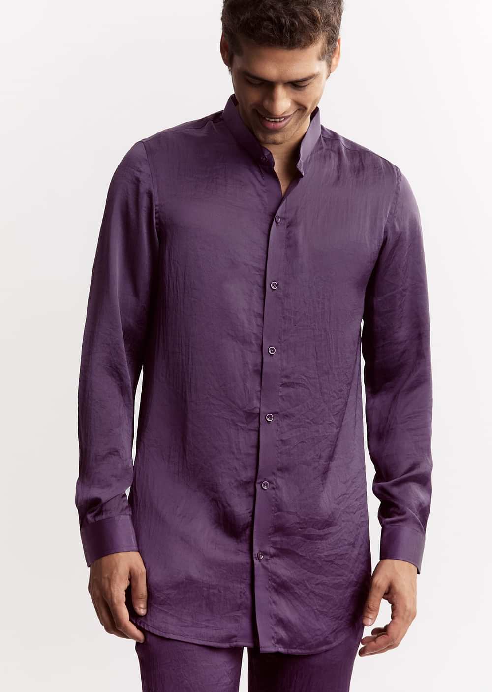 Purple Satin Jacket Kurta Set With Metal Embellishment