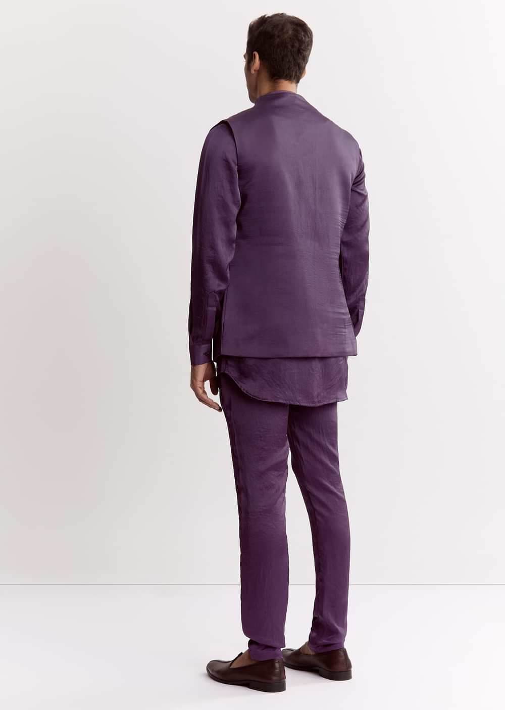 Purple Satin Jacket Kurta Set With Metal Embellishment
