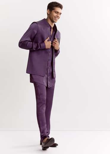 Purple Satin Jacket Kurta Set With Metal Embellishment