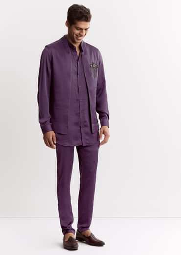 Purple Satin Jacket Kurta Set With Metal Embellishment