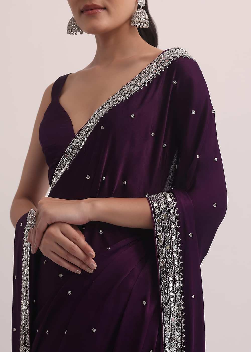 Purple Satin Saree In Mirror Embroidery With Unstitched Blouse