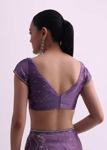 Purple Satin Saree With Cutdana Embellishment And Unstitched Blouse Fabric
