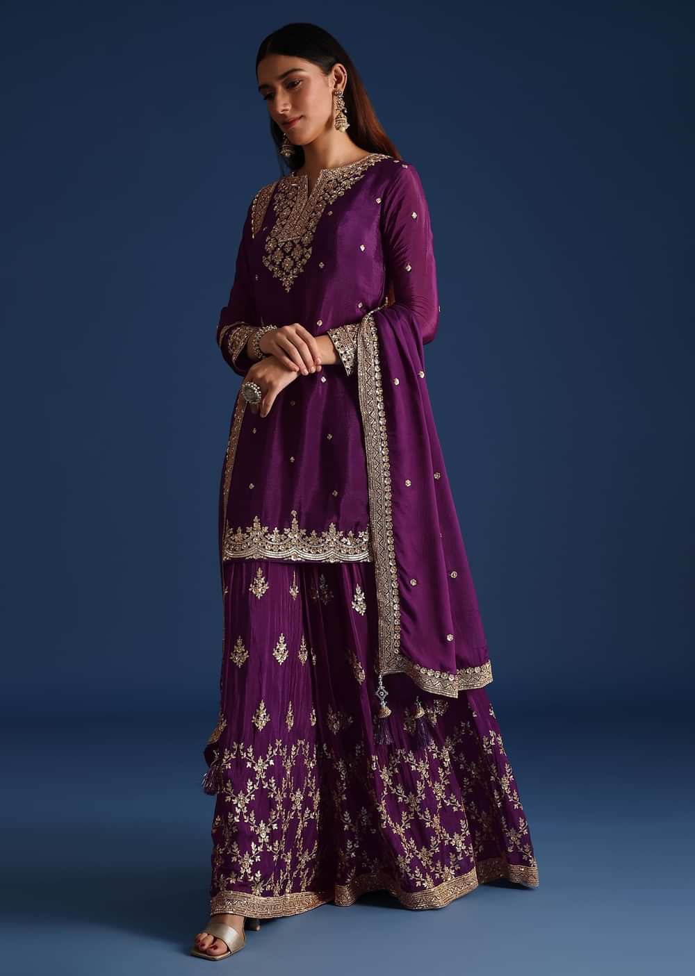 Purple Sequin Embellished Kurta And Palazzo Set