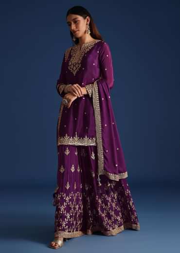 Purple Sequin Embellished Kurta And Palazzo Set