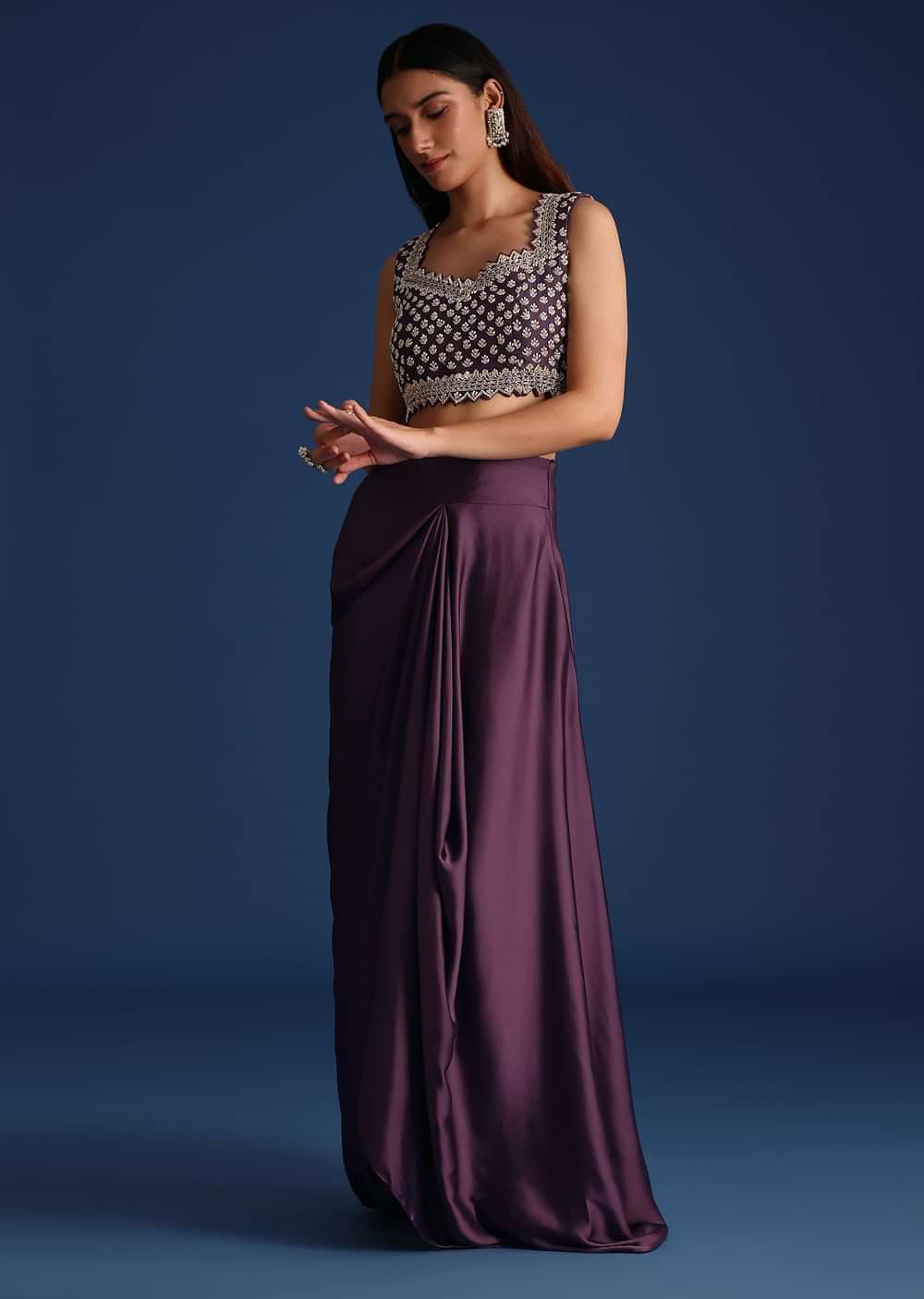 Purple Sequin Work Crop Top With Jacket And Draped Skirt