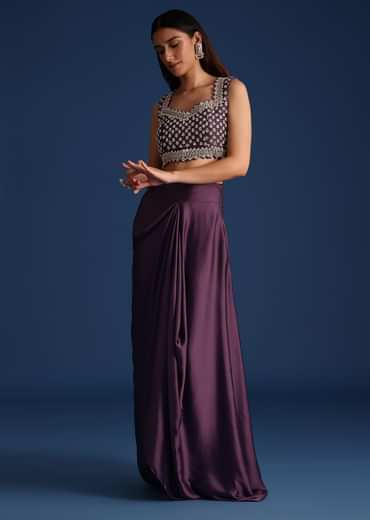 Purple Sequin Work Crop Top With Jacket And Draped Skirt