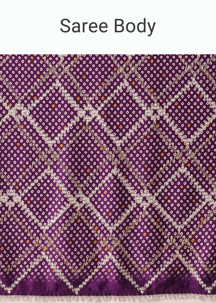 Purple Silk Bandhani Print Saree With Gota Embroidery And Unstitched Blouse Piece
