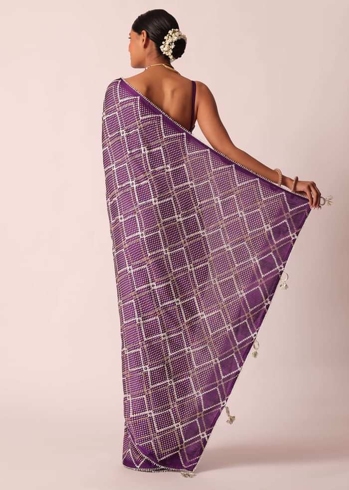 Purple Silk Bandhani Print Saree With Gota Embroidery And Unstitched Blouse Piece