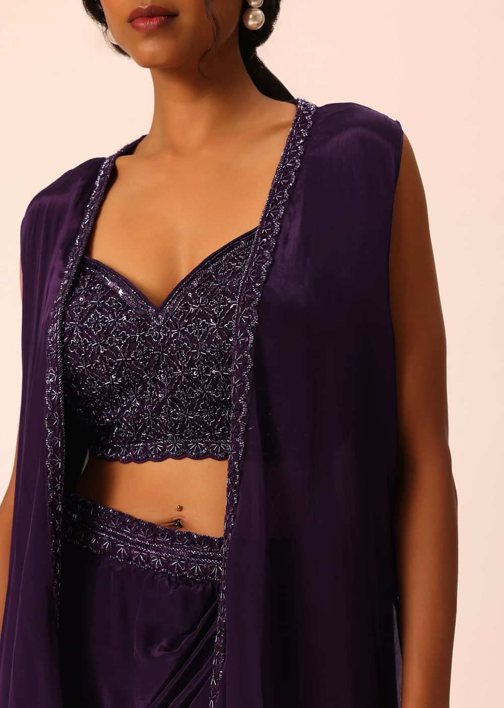 Purple Silk Jacket And Dhoti Set With Sequin Work